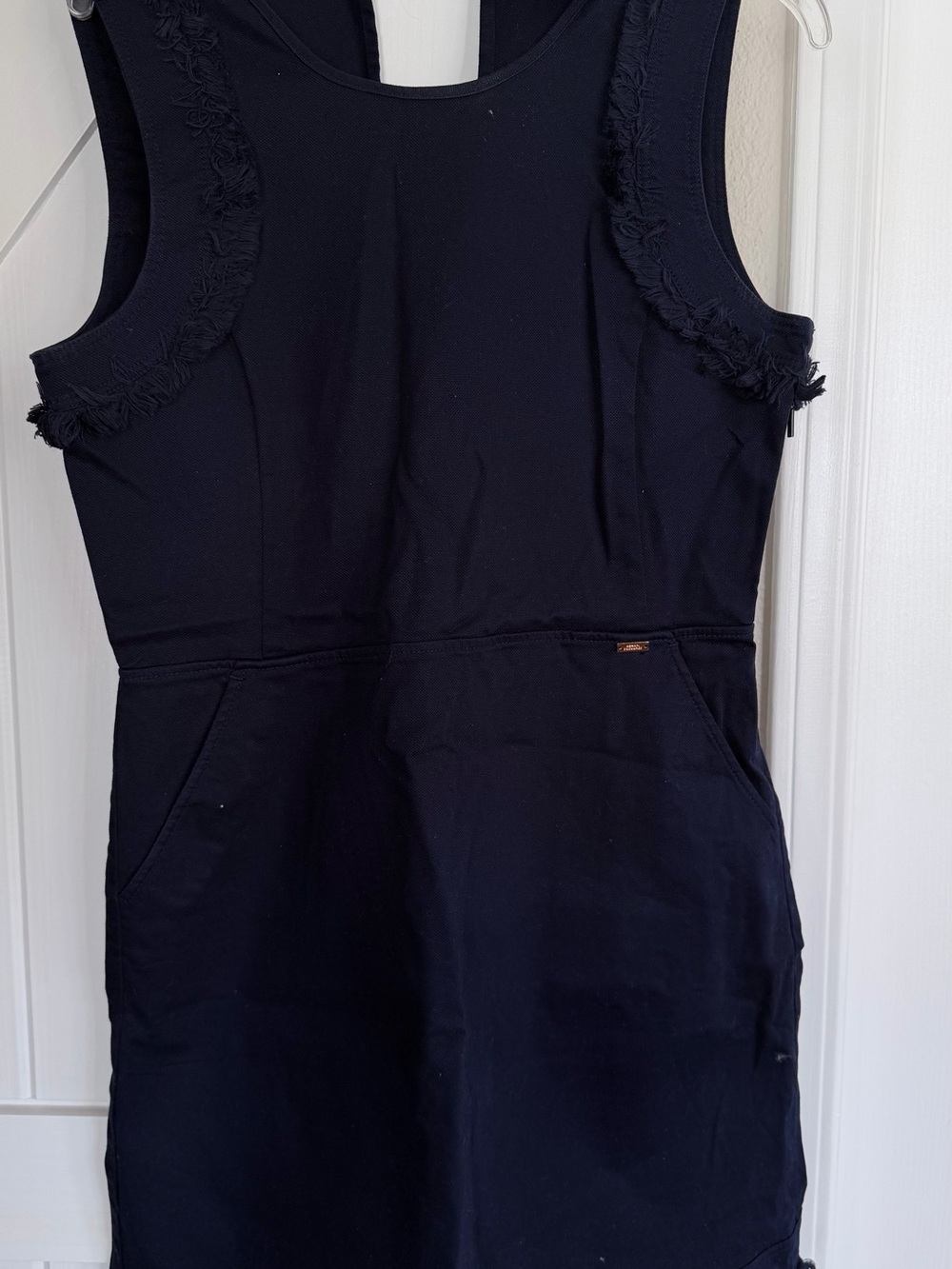Sleeveless Navy Blue Fringe Trim Knit Dress